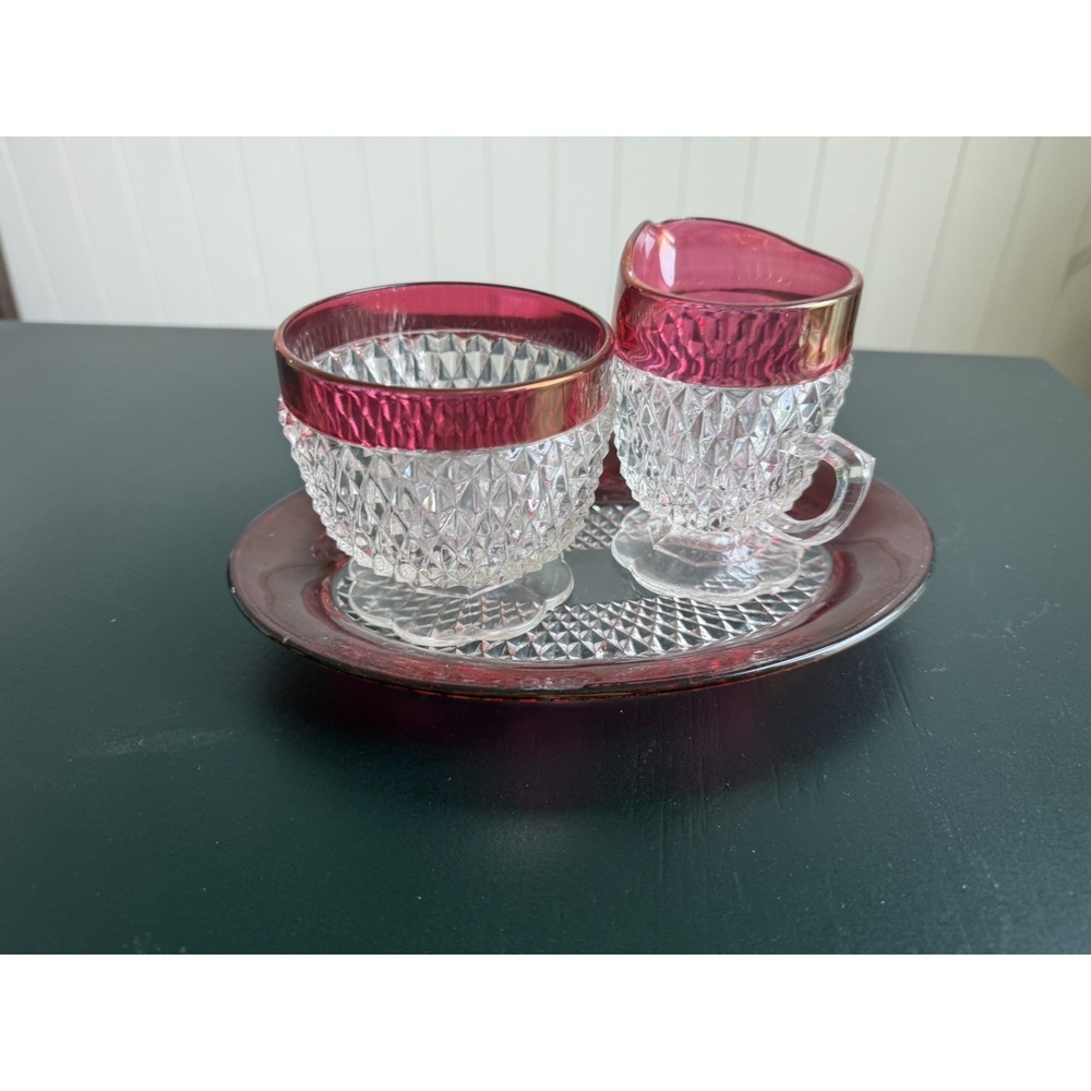 Vintage Diamond Point 3 Piece Sugar, Cream and Tray Set Ruby‎ Red Indiana Glass